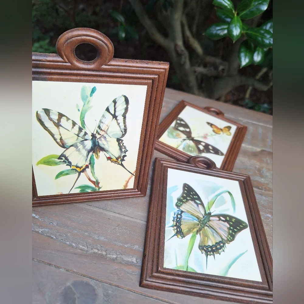 Vintage Wooden Wall Hanging Butterfly Decor Set of 4 Wood Watercolor Prints